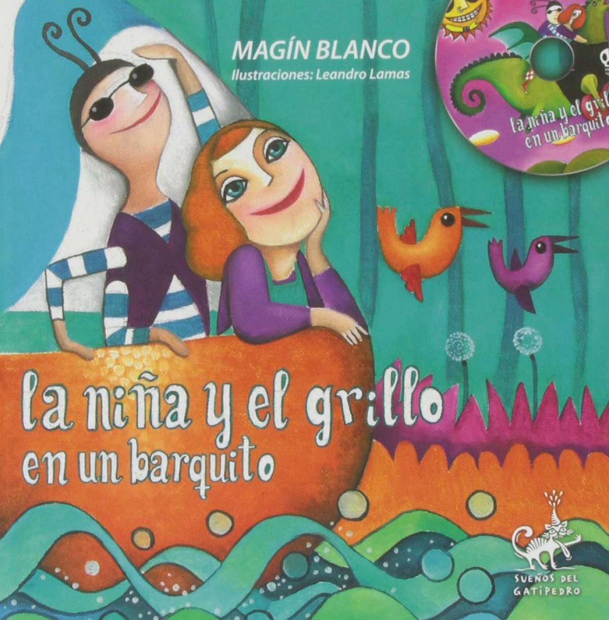 La niña y el grillo en un barquito